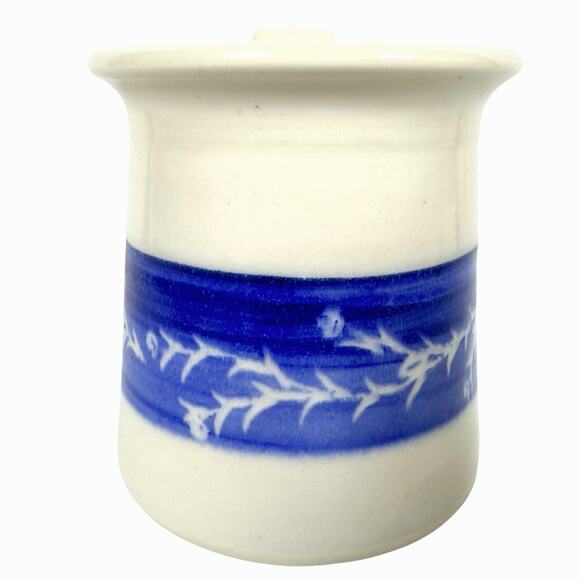 Hand Crafted Pottery Round Coffee Mug with Floral Blue Band-Comfy Handle-Mint! - Picture 4 of 6